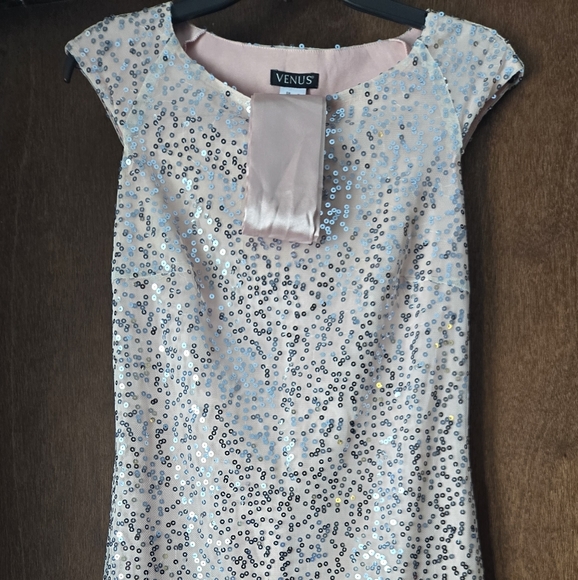 Pale Pink Sequin Dress, With an optional satin belt. Venus. Size 4. - Picture 1 of 12